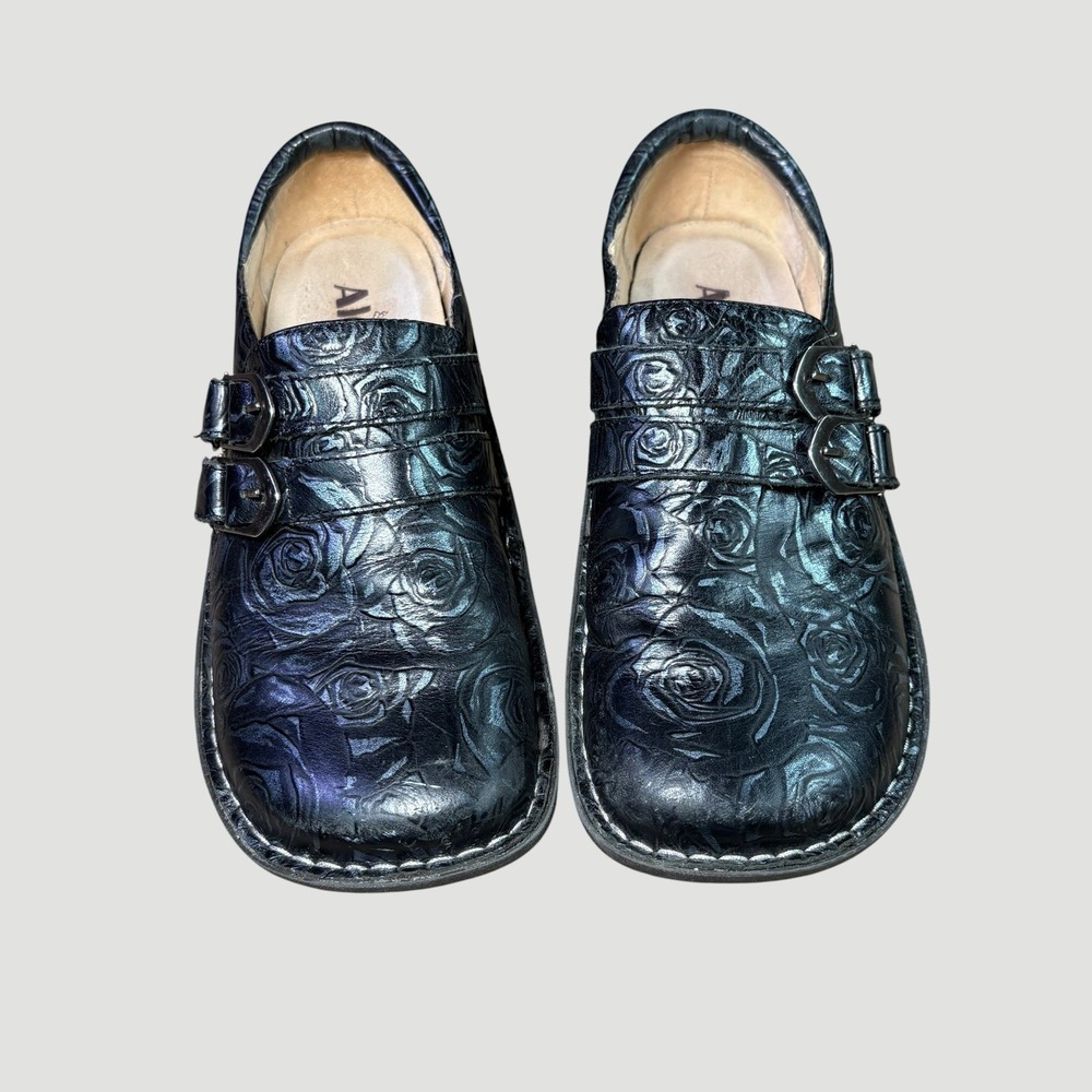 Alegria Leather Clogs Black Floral Embossed Double Buckle Comfort Shoes US 7.5-8